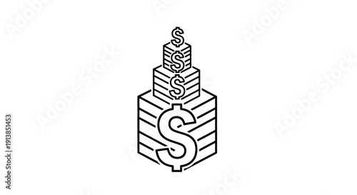 Stacks of dollar bills in minimalist line art with simple black and white color on plain white background for financial illustration