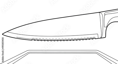 Serrated kitchen knife on cutting board in minimalist line art with white background for cooking illustration