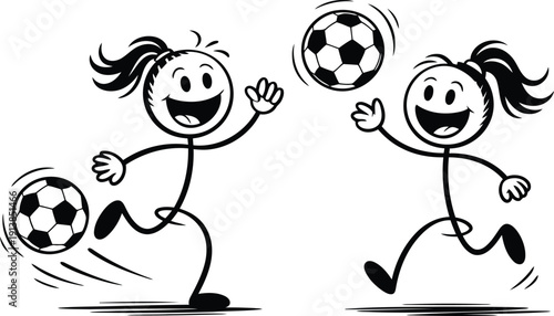 Two joyful stick figure children are actively participating in a friendly soccer game together