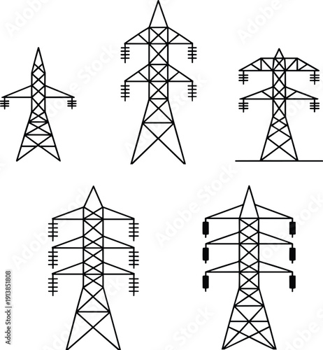 Set of High Voltage Transmission Tower Vector Icons, Minimal Outline Electrical Pylons and Power Line Illustrations, Industrial Energy Infrastructure Design