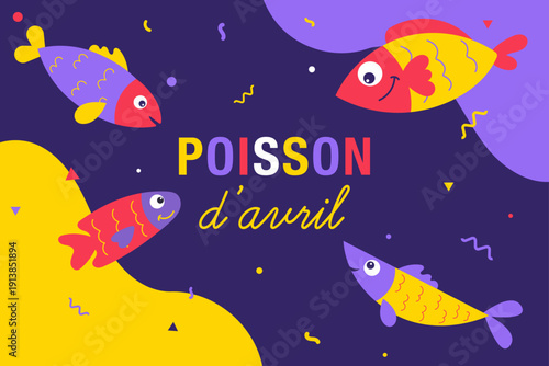 Bannière horizontale pour le 1er avril avec poissons stylisés et confettis sur fond violet. Idéal pour site web, newsletter, affiche ou communication festive humoristique.
