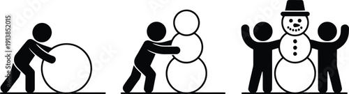 Two joyful stick figures celebrate standing proudly beside their freshly built snowman wearing a hat