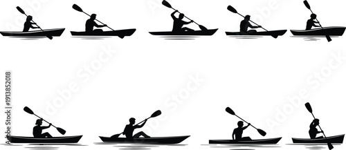 Kayaker silhouette collection, dynamic paddling action sequence set on calm water, isolated vector illustration for water sports, outdoor adventure and fitness themes