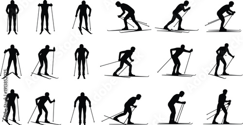 Nordic skiing silhouettes set, cross country skiers in dynamic winter action poses, isolated vector illustration for snow sports, competition and outdoor fitness themes