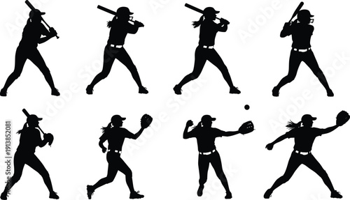 Softball player silhouettes set, dynamic batting and pitching action poses collection, isolated vector illustration for team sport, competition and athletic training themes