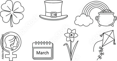Collection of black and white outline icons representing St Patricks day international womens day and general spring season celebrations