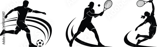 Sports silhouettes collection featuring soccer player and tennis athletes in dynamic action poses, isolated vector illustration for fitness, competition and active lifestyle themes