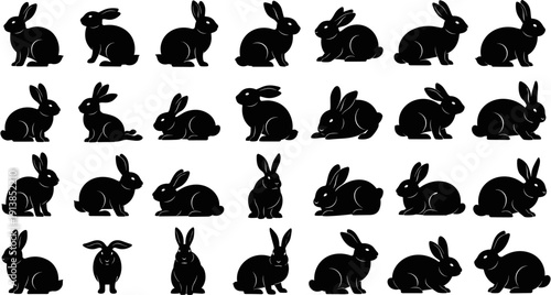 Rabbit silhouette collection, wild bunny jumping vector set, easter holiday animal graphics, farm rabbit sitting icons, isolated black silhouettes pet.