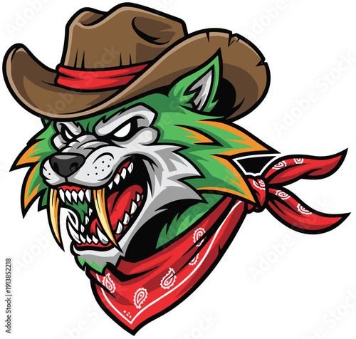 Wallpaper Mural Fierce cartoon wolf mascot wearing a brown cowboy hat and red bandana with sharp fangs for sports team and biker logo design. Torontodigital.ca