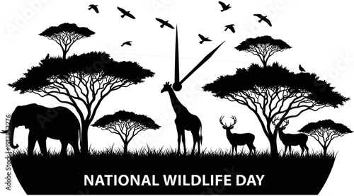 National Wildlife Day vector illustration featuring silhouettes of African savanna animals including elephant, giraffe, and deer under acacia trees with birds.