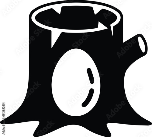 Black and white icon of a tree stump with a hole and branch wood symbol
