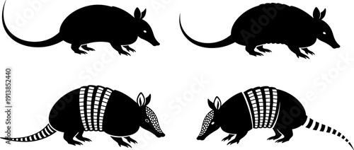 Armadillo silhouette set, wild animal vector illustration collection, armored mammal icon, nature element, desert wildlife graphic, isolated on white background,