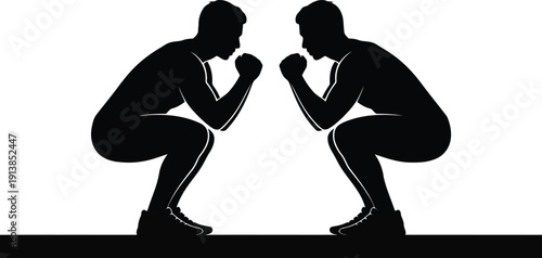 Two male silhouettes are shown squatting with clenched fists on a black line facing each other