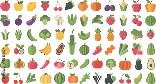 Large fruits and vegetables collection vector illustration with fresh organic farm produce icons set isolated