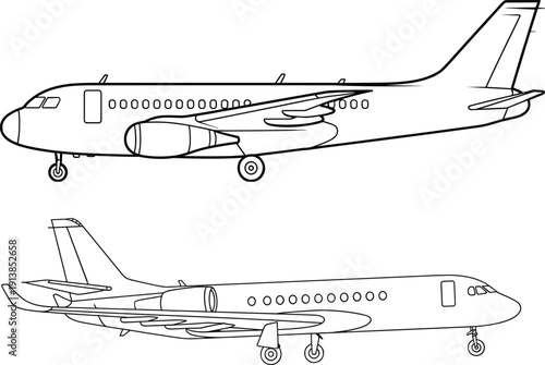 Two commercial airliner outline drawings, side view vector airplane illustrations, passenger jet line art, aircraft landing gear visible, minimal design