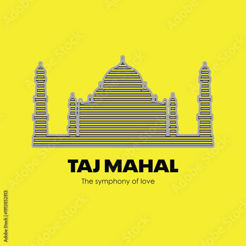 Taj Mahal Illustration - Minimalist India Landmark Symbol with Geometric Lines on Yellow Background