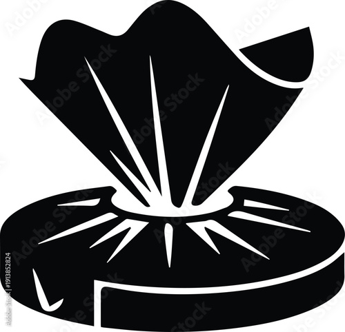 Black silhouette of a wet wipe dispenser with a raised wipe on white Keywords: wet wipes