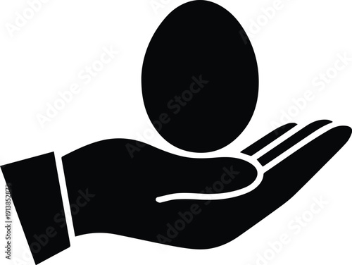 Black silhouette of an egg resting on an open hand on white background holding support