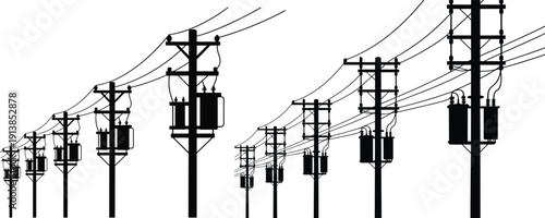 Silhouettes of utility poles and power lines stretching across landscape, electrical transformers, transmission lines, infrastructure, energy distribution, industrial utility network