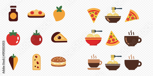 Collection of various food and drink items in a flat design style, including pizza, coffee, pasta, and desserts.