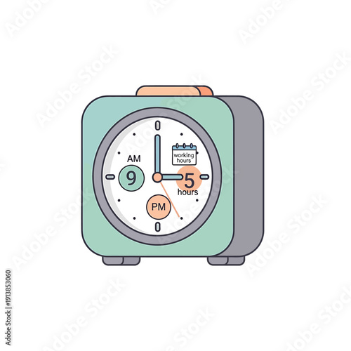 A digital illustration of a green and gray alarm clock displaying working hours on a white background