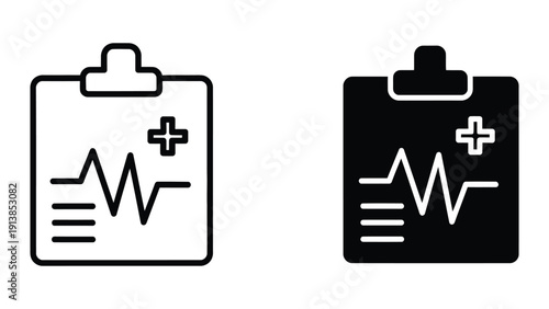 Medical clipboard icons in outline and filled styles