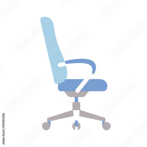 A blue office chair with wheels is illustrated in a simple graphic style.
