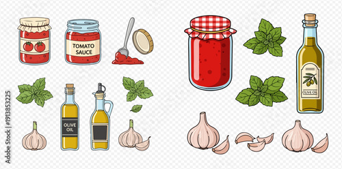 Set of hand-drawn Italian food ingredients including tomato sauce, olive oil, basil, and garlic.