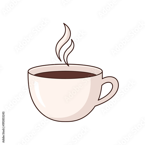 An illustration shows a steaming hot cup of coffee on a plain background with a brown liquid inside.