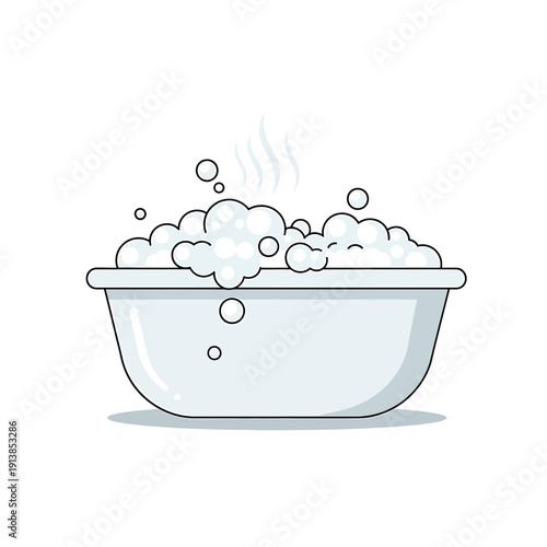 An illustration depicts a bathtub filled with bubbles and water.