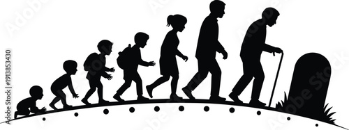 A conceptual vector silhouette illustration depicting the human life cycle from infancy and childhood to adulthood and old age ending at a gravestone.