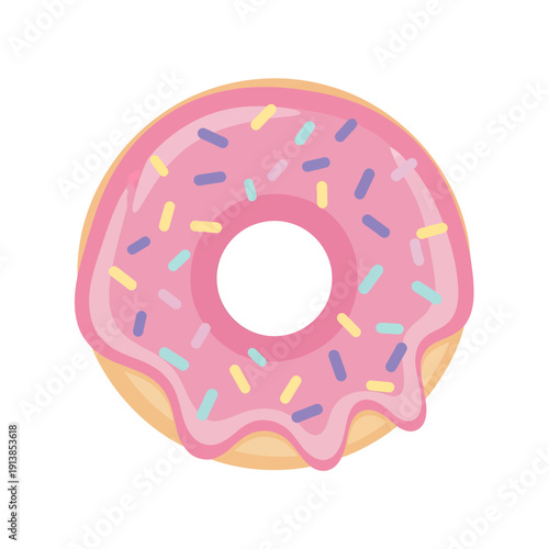 The image shows a pink frosted donut with colorful sprinkles on top.