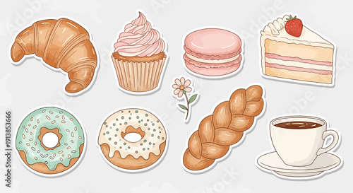 An illustration shows various sweet pastries and desserts with a cup of coffee on a table indoors.
