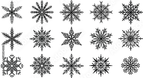 Fifteen detailed black and white snowflake icons are shown.