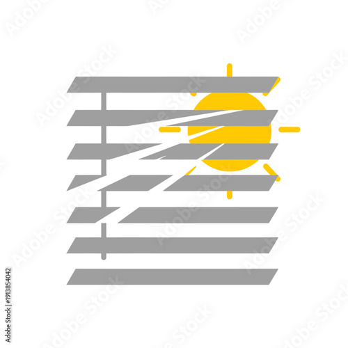 An illustration of a yellow sun shining through gray horizontal blinds on a white background with rays emanating outward.