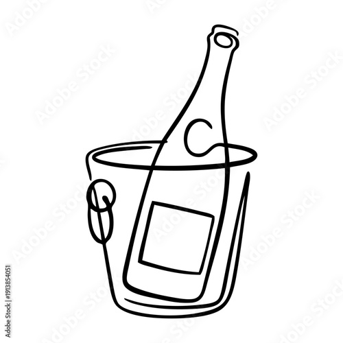 Dibujo con línea continua de una botella de champán en una cubeta de hielo, para fiestas y celebraciones 