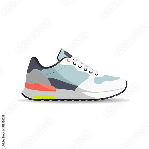 A modern sneaker with multicolor design and white laces is shown in profile on a white background in a graphic illustration.