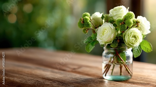 Wallpaper Mural A beautiful arrangement of white roses and green buds in a glass jar sitting elegantly on a rustic wooden table, enhancing the natural beauty of the surroundings. Torontodigital.ca