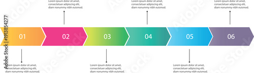 Horizontal Business Process Infographic Template with Six Steps. Colorful Arrow Timeline for Workflow Development and Project Management Presentation.