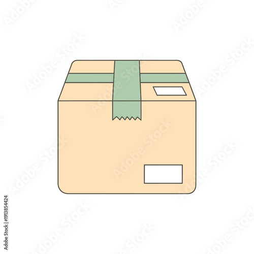 An illustration shows a sealed cardboard box with green tape and a label on a plain background.