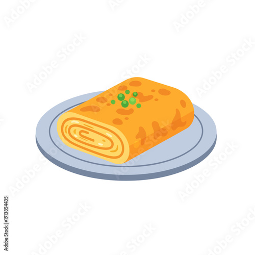 Delicious rolled omelet on a plate with green garnish on top seen from side.