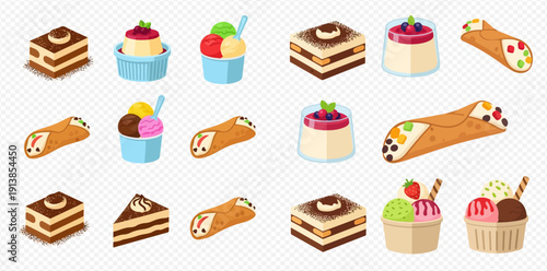 Collection of various delicious Italian desserts and ice cream in a flat isometric style.