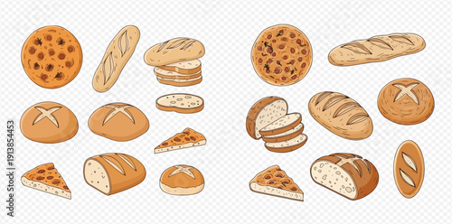 Set of various hand-drawn fresh baked bread and bakery products illustrations.