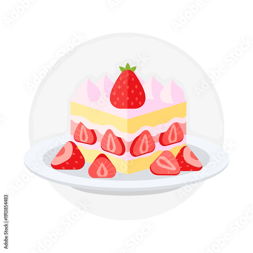 A strawberry shortcake on a white plate under a glass dome, viewed from the side.