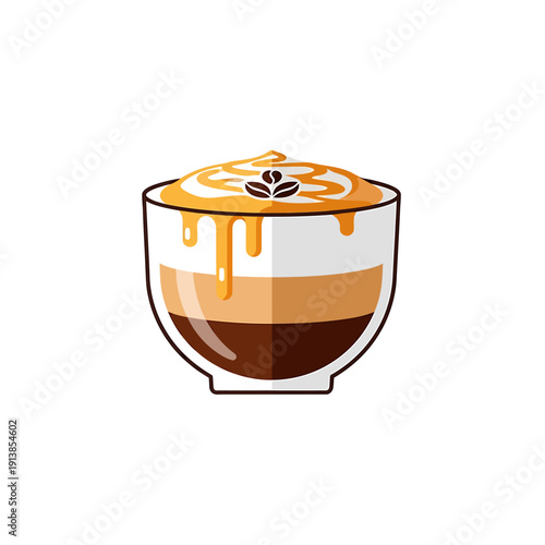 An illustration of a coffee cup with caramel sauce dripping down the sides and a coffee bean on top.