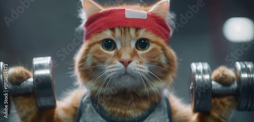 Wallpaper Mural Cute Cat Lifting Dumbbells, Funny Fitness Pet Workout Concept Torontodigital.ca