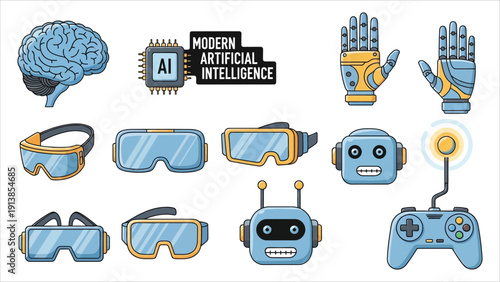 Artificial intelligence elements in retro cartoon style. Robots, VR glasses, cameras, and futuristic technology with 90s tech aesthetic. Trendy sticker illustration set.
