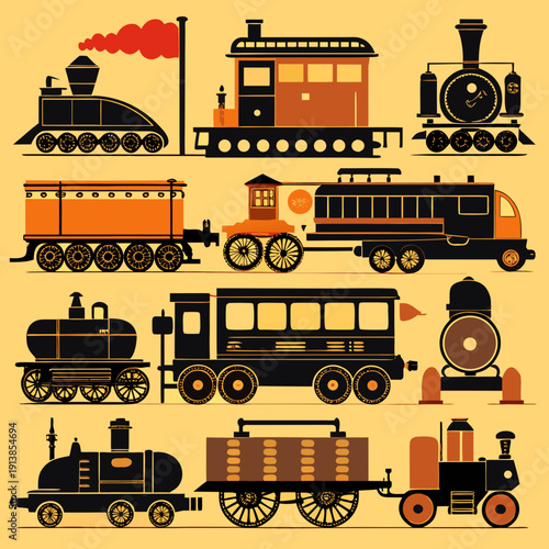 Vintage Train Collection Retro Locomotive Transport Vector Illustration