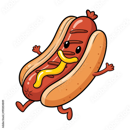 A cartoon hot dog with mustard runs playfully on a white background with a happy expression.