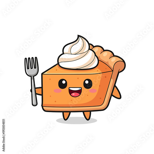 A cartoon slice of pumpkin pie with whipped cream holds a fork.